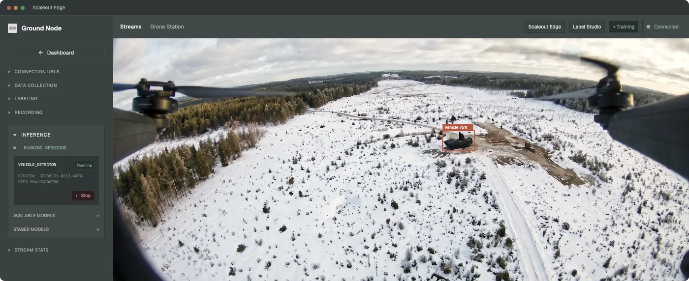 Illustrative Scaleout Edge Ground Node workspace showing a drone view, vehicle detection, and model-operation tools.